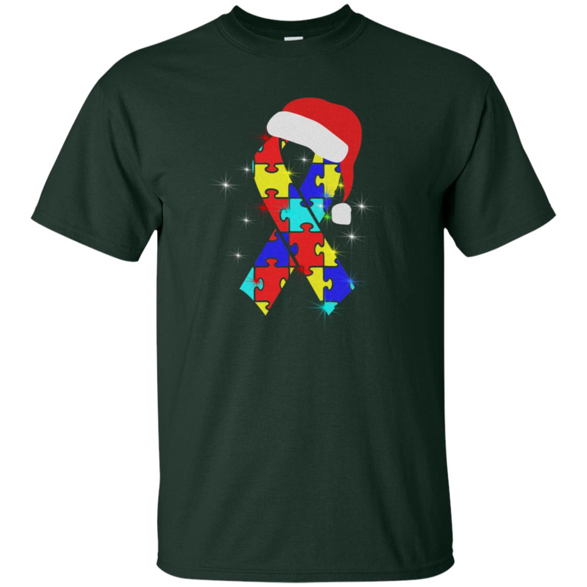 Autism Puzzle Ribbon Santa Hat X-mas Gift Shirt Forest