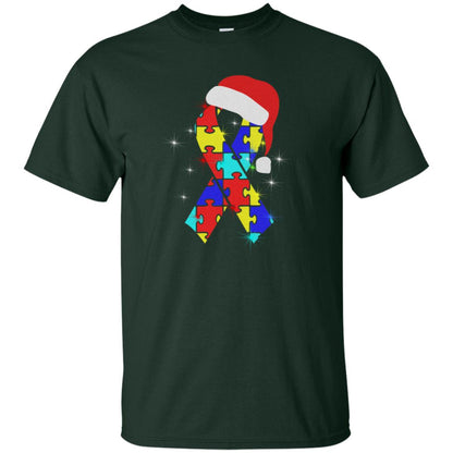 Autism Puzzle Ribbon Santa Hat X-mas Gift Shirt Forest