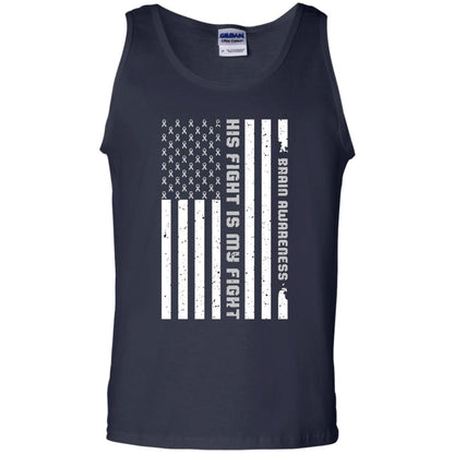 Brain Awareness His Fight Is My Fight Grey Ribbon Stars Flag Of Usa Shirt Navy