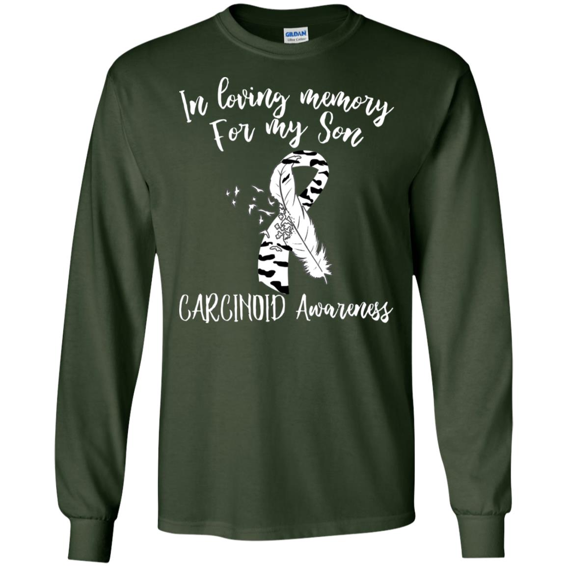 In Loving Memory For My Son Carcinoid Awarenss Zebra Stripe Ribbons Shirt Forest Green