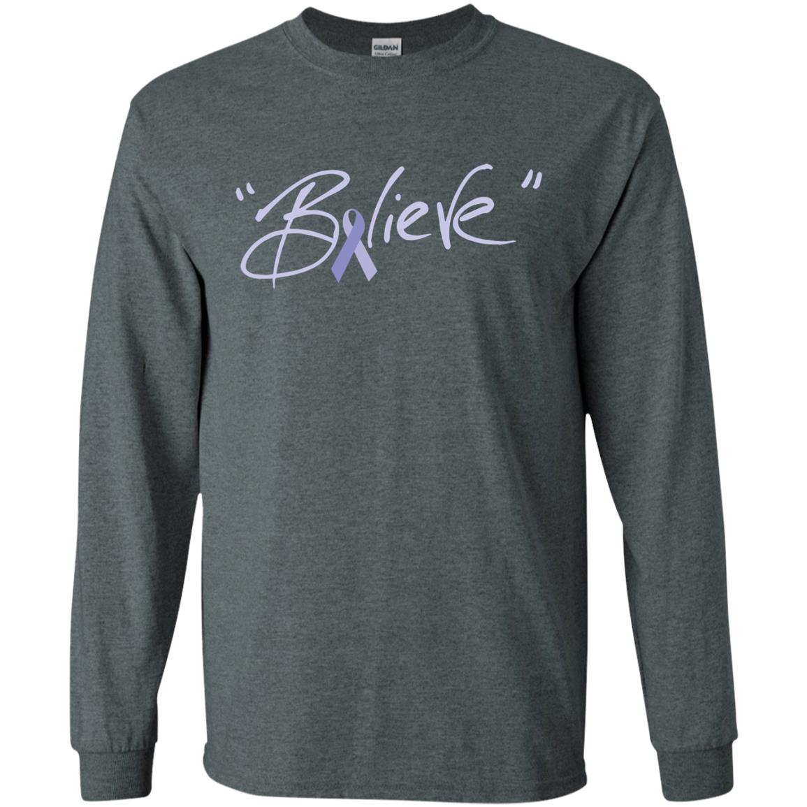 Esophageal And Stomach Cancer Awareness Shirt Periwinkle Blue Ribbon Believe Dark Heather