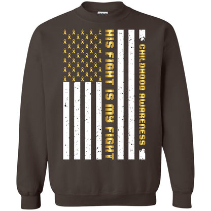 Childhood Awareness His Fight Is My Fight Gold Ribbon Stars Flag Of Usa Shirt Dark Chocolate