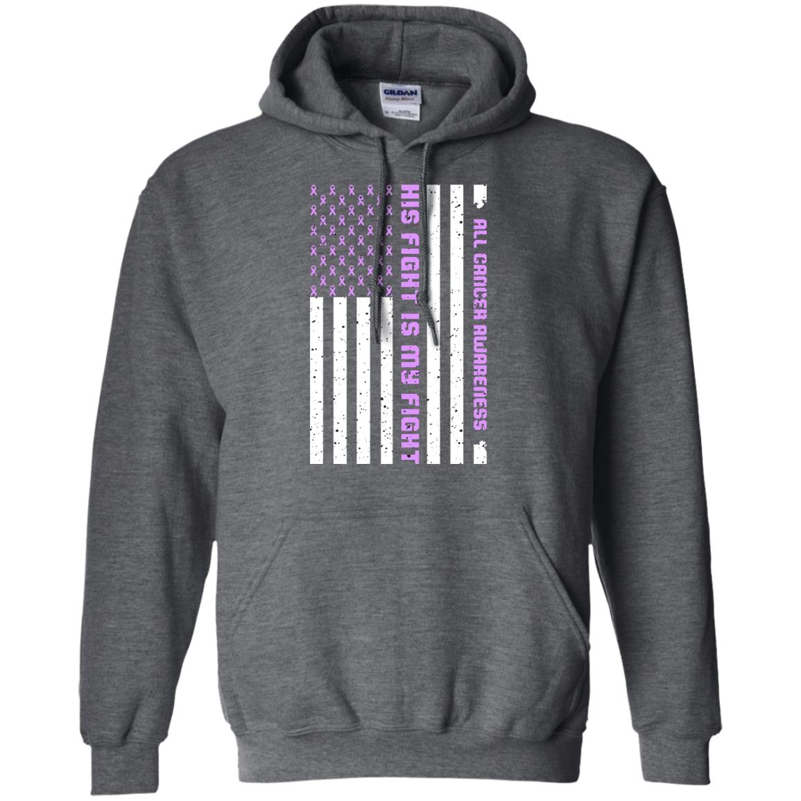All Cancer Awareness His Fight Is My Fight Lavender Ribbon Stars Flag Of Usa Shirt Dark Heather