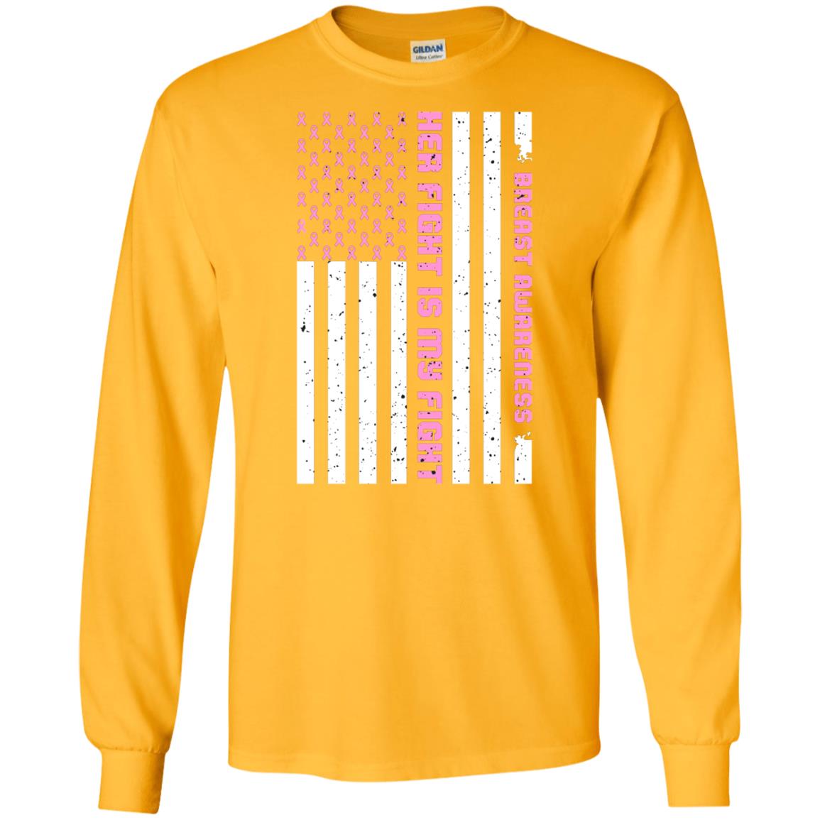 Breast Awareness His Fight Is My Fight Pink Ribbon Stars Flag Of Usa Shirt Gold