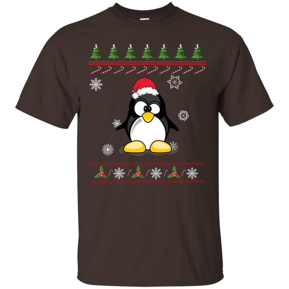 Penguin With Santa Hat Merry X-mas Ugly Christmas Gift Shirt For Mens Womens Kids Dark Chocolate