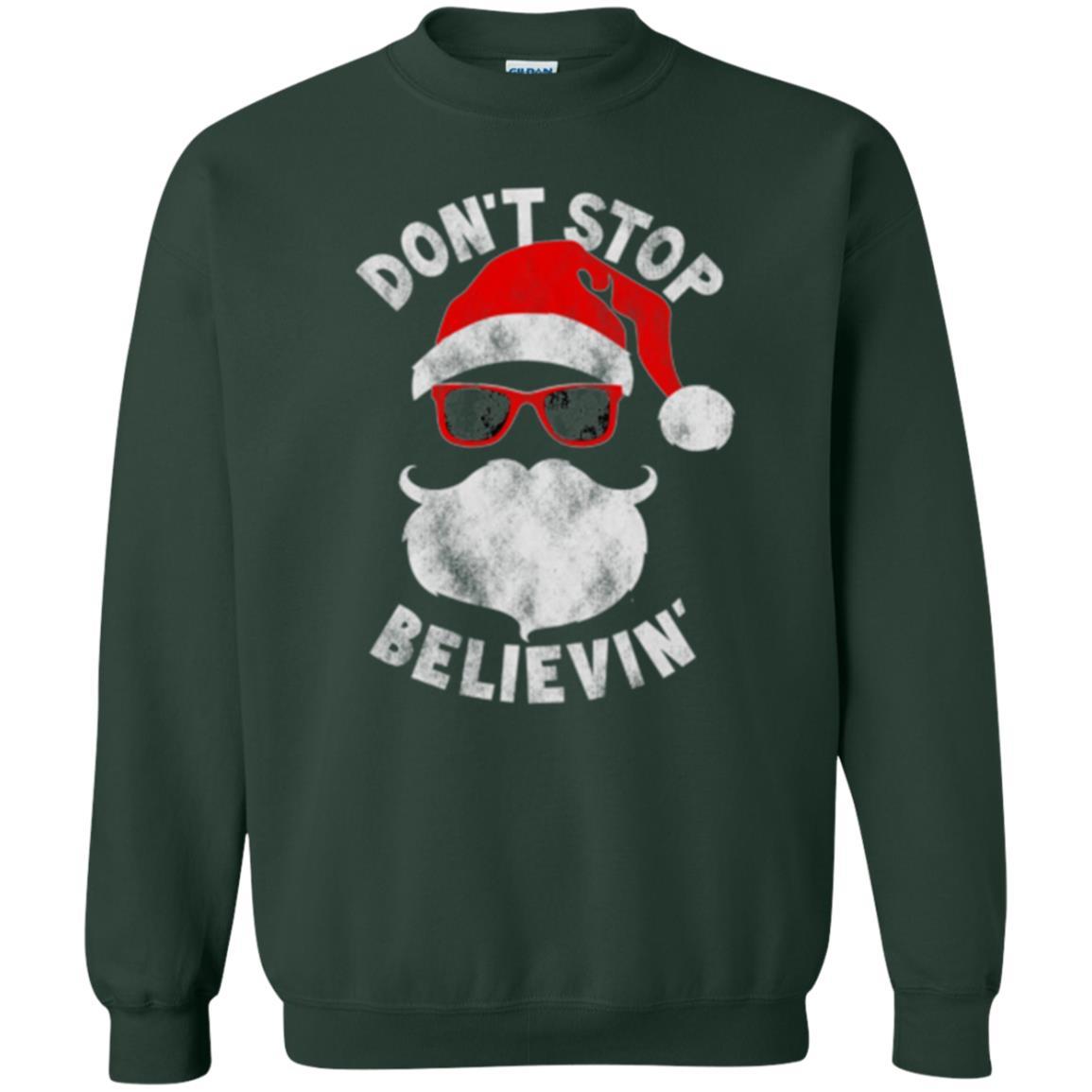 Christmas T-shirt Don't Stop Believing Cool Shades Santa Forest Green