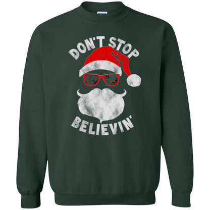 Christmas T-shirt Don't Stop Believing Cool Shades Santa Forest Green
