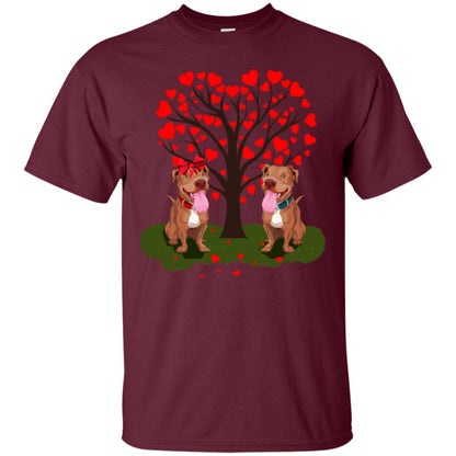 Valentine Pitbull Couple Heart Tree Shirt Maroon