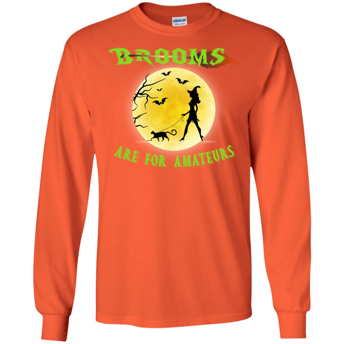 Brooms Are For Amateurs Witches Walk With Cat Funny Halloween Shirt Orange