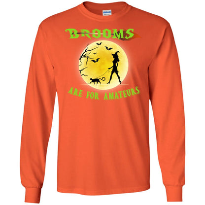 Brooms Are For Amateurs Witches Walk With Cat Funny Halloween Shirt Orange