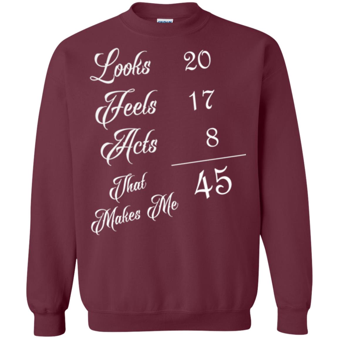 45th Birthday T-shirt Looks 20 Feels 17 Acts 8 Maroon