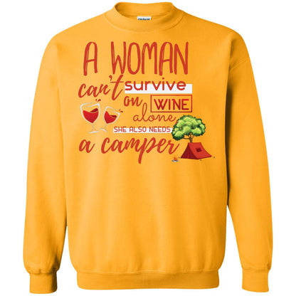 A Woman Cannot Survive On Wine Alone, She Also Needs A Camper Shirt Gold