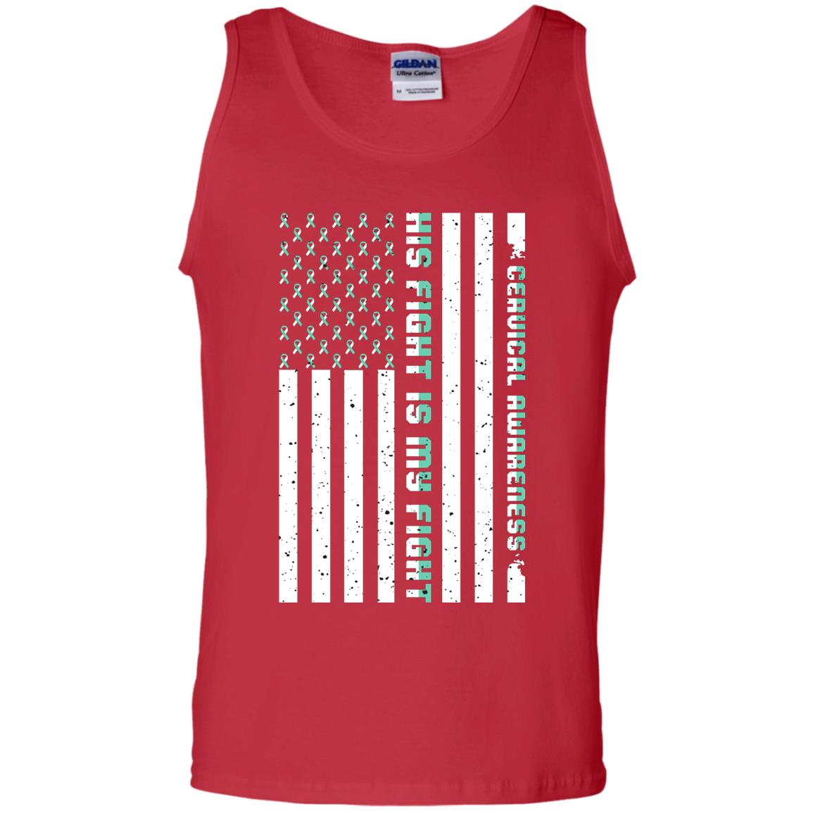 Cervical Awareness His Fight Is My Fight Teal White Stars Flag Of Usa Shirt Red
