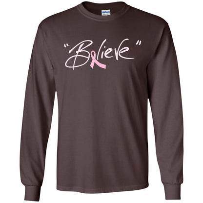 Breast Cancer Awareness Shirt Pink Ribbon Believe Dark Chocolate