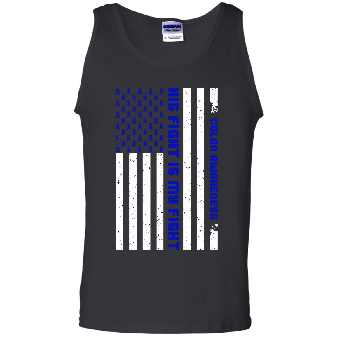Colon Awareness His Fight Is My Fight Dark Blue Ribbon Stars Flag Of Usa Shirt Black