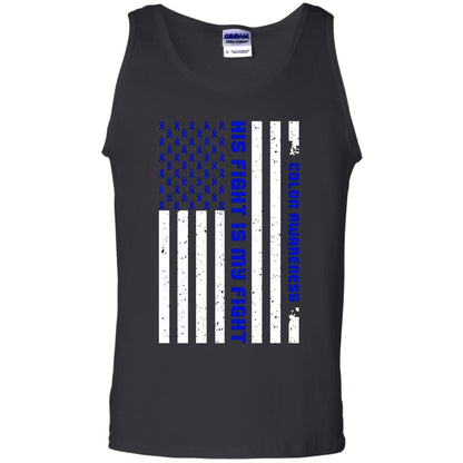Colon Awareness His Fight Is My Fight Dark Blue Ribbon Stars Flag Of Usa Shirt Black