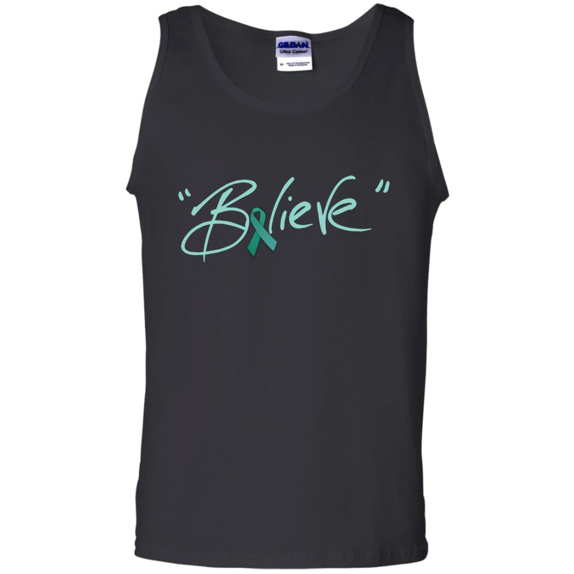 Ovarian Cancer Awareness Shirt Teal Ribbon Believe Black