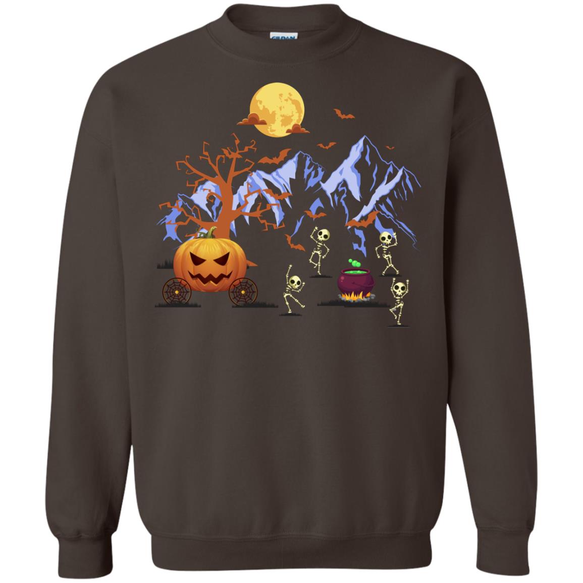 Dancing Skeleton With Pumpkin Funny Halloween Gift Shirt Dark Chocolate