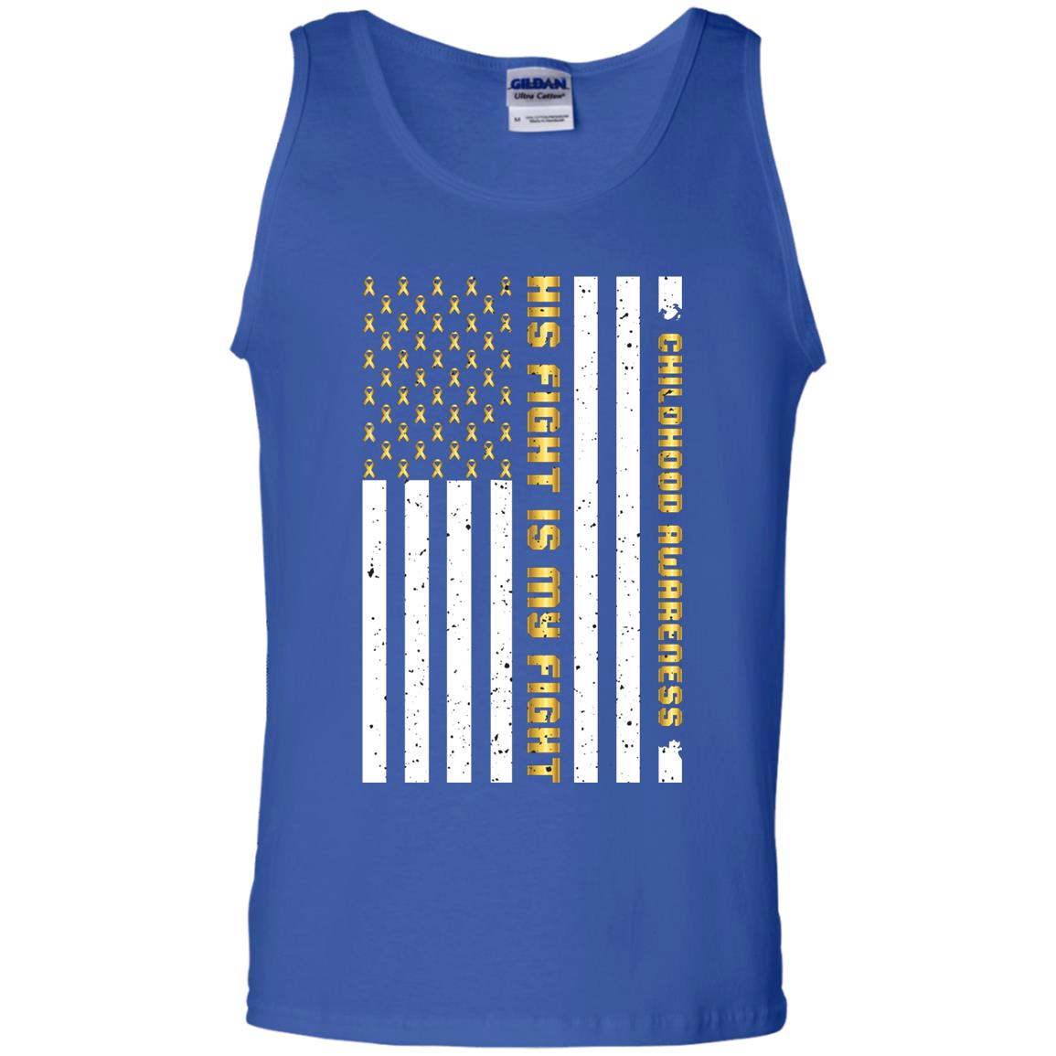 Childhood Awareness His Fight Is My Fight Gold Ribbon Stars Flag Of Usa Shirt Royal