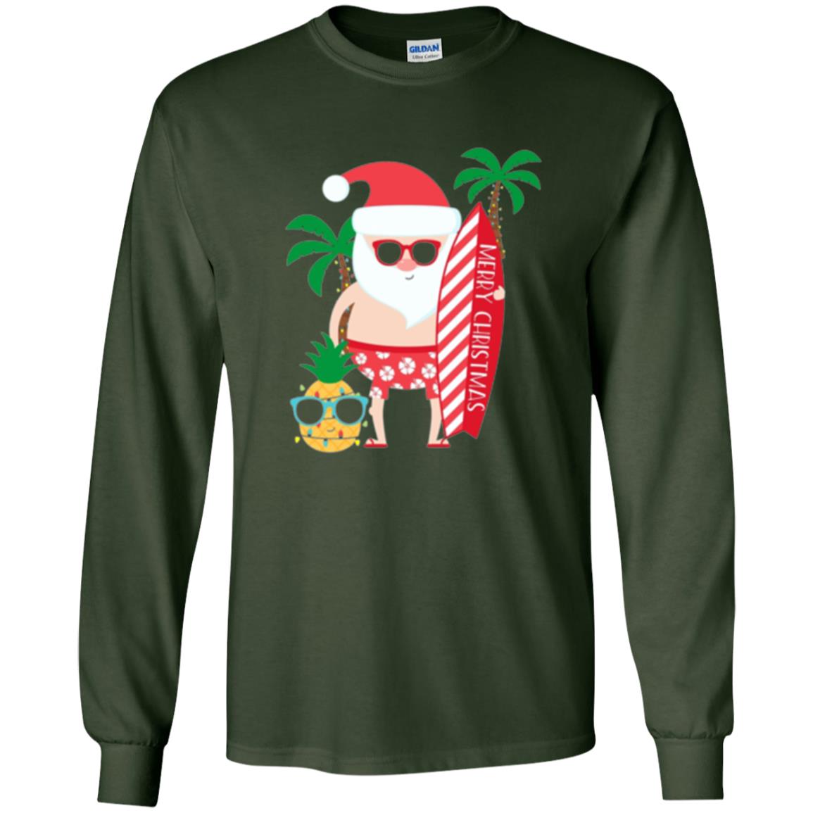 Christmas T-shirt Santa Claus Surfing Hawaiian Forest Green