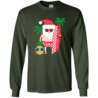 Christmas T-shirt Santa Claus Surfing Hawaiian Forest Green