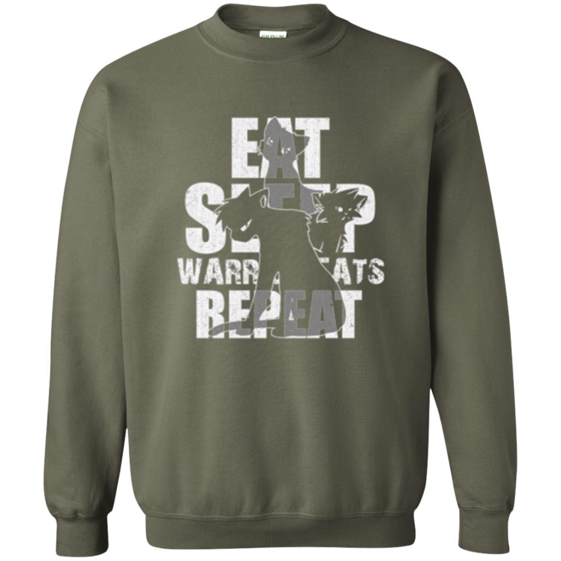 Cat Lover T-shirt Eat Sleep Warrior Cats Repeat Military Green