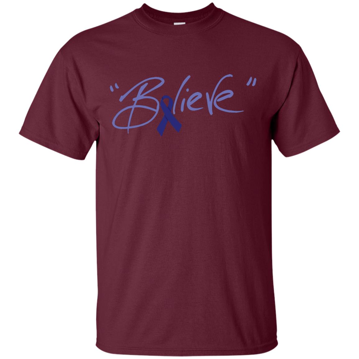 Colon Cancer Awareness Shirt Dark Blue Ribbon Believe Maroon