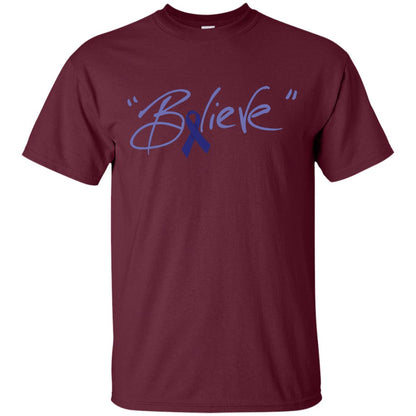 Colon Cancer Awareness Shirt Dark Blue Ribbon Believe Maroon