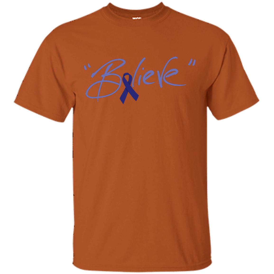 Colon Cancer Awareness Shirt Dark Blue Ribbon Believe Texas Orange