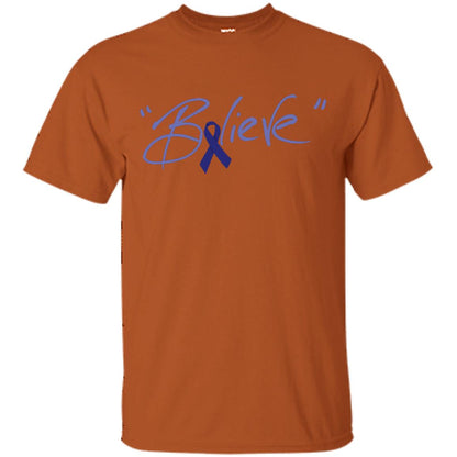 Colon Cancer Awareness Shirt Dark Blue Ribbon Believe Texas Orange