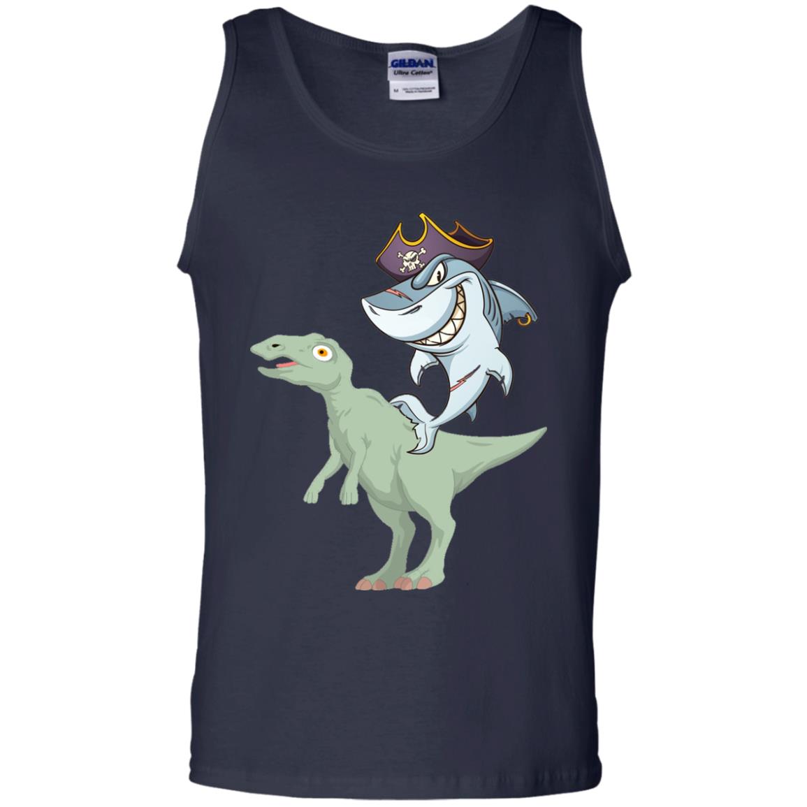 Shark Pirate Riding A T-rex Dinosaur Funny Gift Shirt Navy