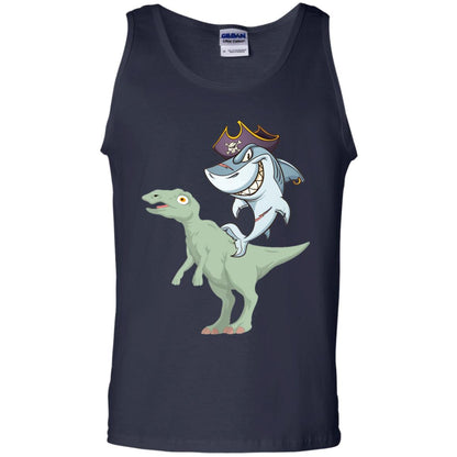 Shark Pirate Riding A T-rex Dinosaur Funny Gift Shirt Navy