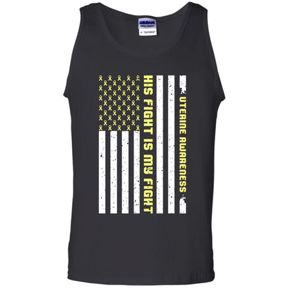 Uterine Awareness His Fight Is My Fight Peach Ribbon Stars Flag Of Usa Shirt Black