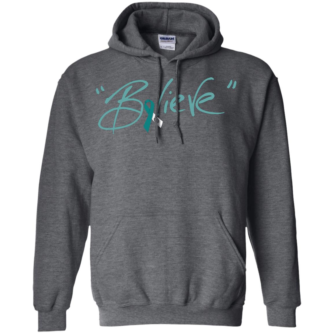 Cervical Cancer Awareness Shirt Teal White Ribbon Believe Dark Heather