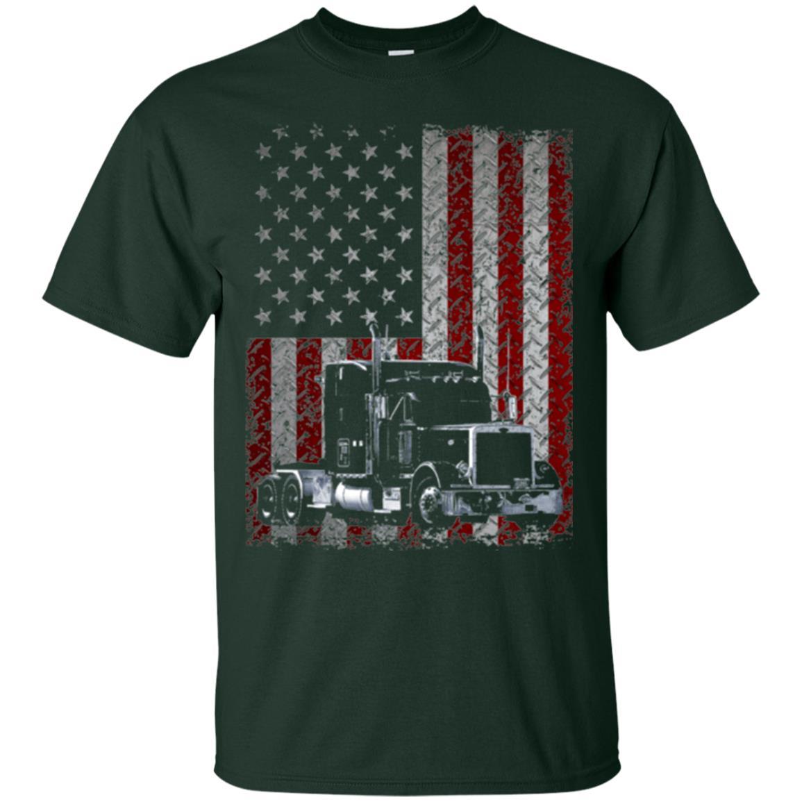 Trucker T-shirt Truck Driver American Flag Forest Green
