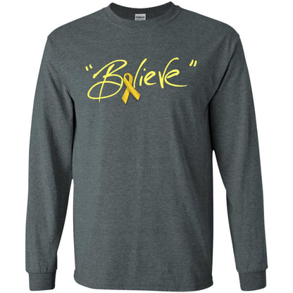 Childhood Cancer Awareness Shirt Gold Ribbon Believe Dark Heather