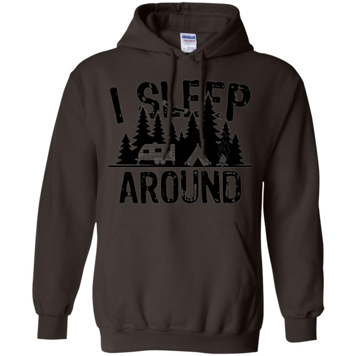 Funny Camping T-shirt I Sleep Around Dark Chocolate