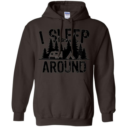 Funny Camping T-shirt I Sleep Around Dark Chocolate