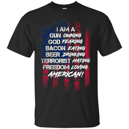 Military T-shirt I Am A Gun Owning God Fearing Bacon Eating Black