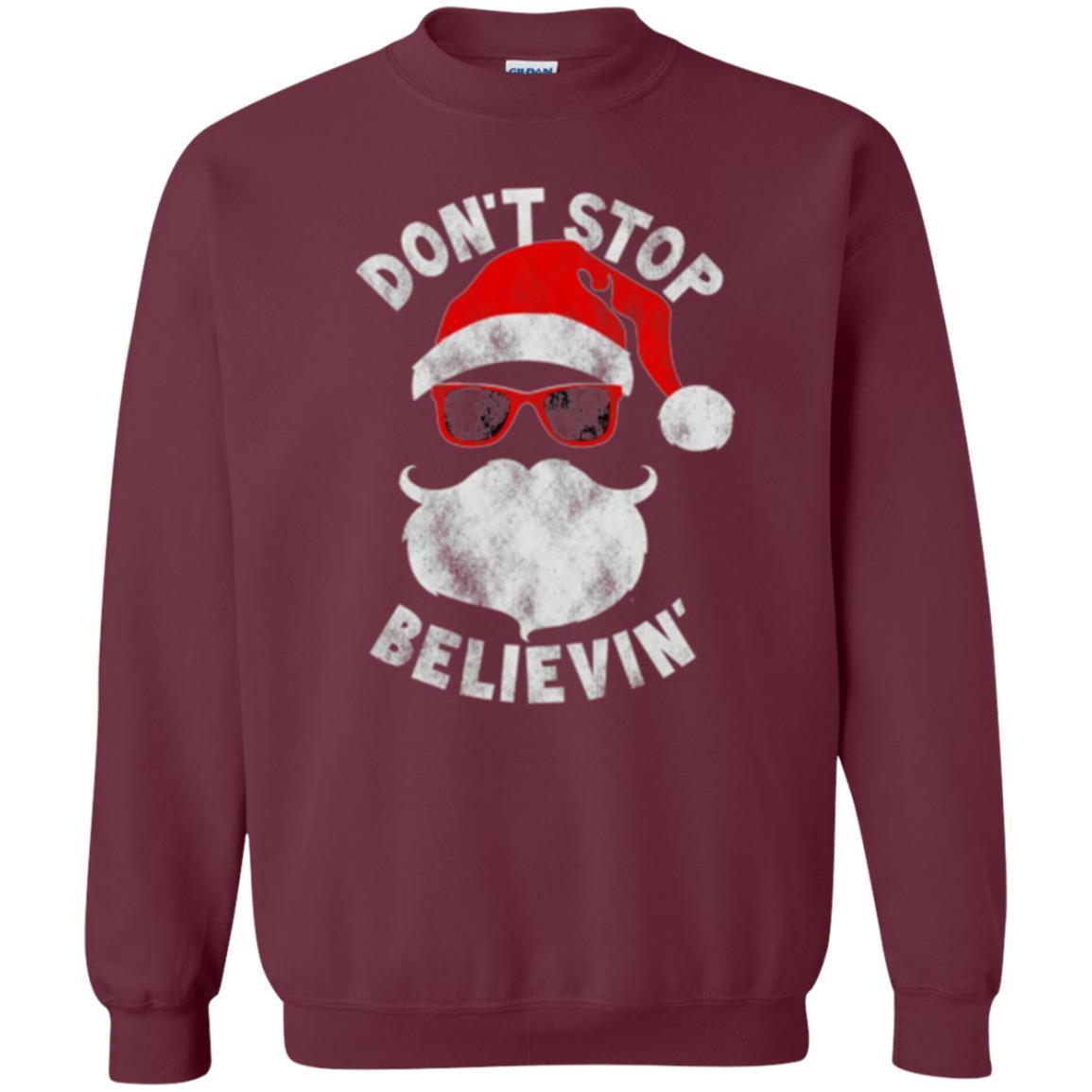 Christmas T-shirt Don't Stop Believing Cool Shades Santa Maroon