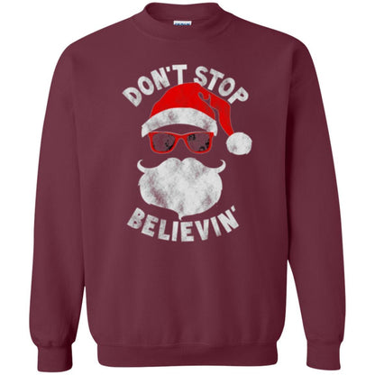 Christmas T-shirt Don't Stop Believing Cool Shades Santa Maroon