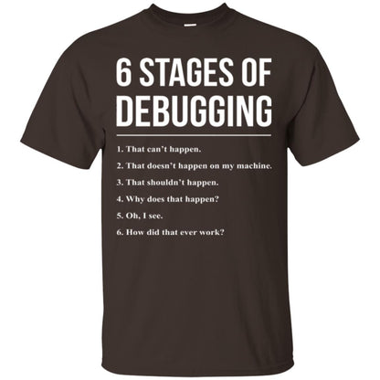 Programmer T-shirt 6 Stages Of Debugging Dark Chocolate