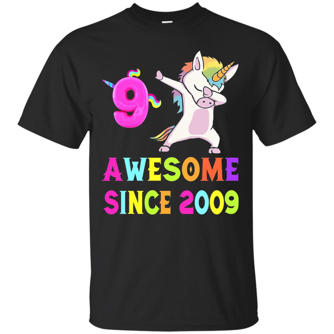 Unicorn Dabbing Awesome Since 2009 9th Birthday T-shirt Black