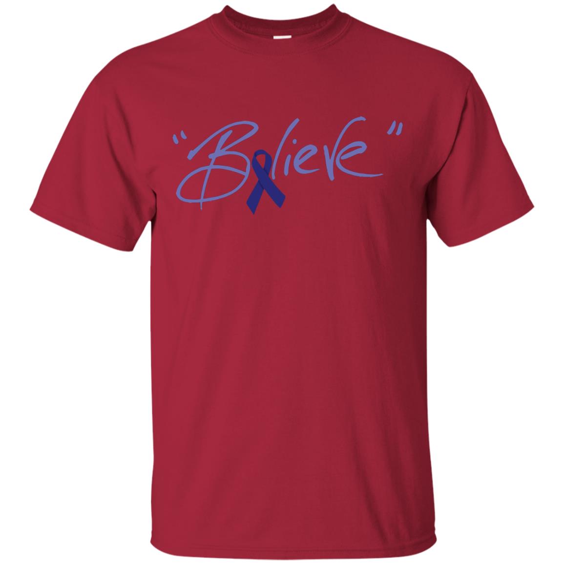Colon Cancer Awareness Shirt Dark Blue Ribbon Believe Cardinal