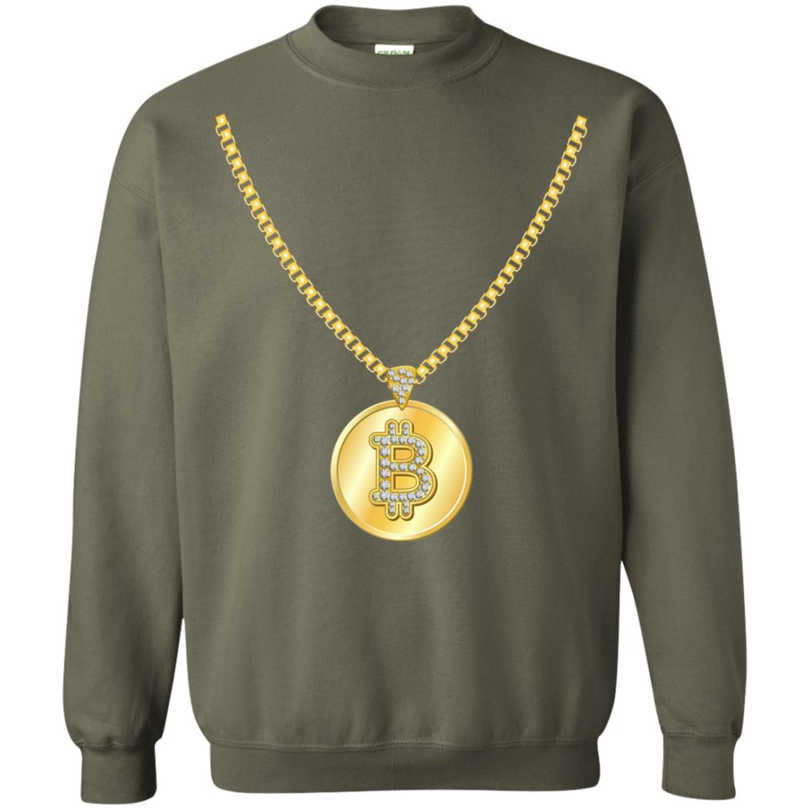 Funny Bitcoin T-shirt Gold Chain Cryptocurrency Necklace Military Green