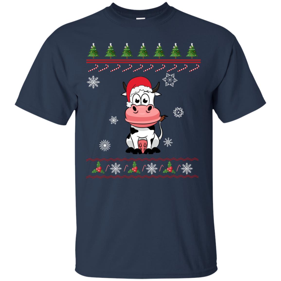 Milch Cow With Santa Hat Merry X-mas Ugly Christmas Gift Shirt For Mens Womens Kids Navy