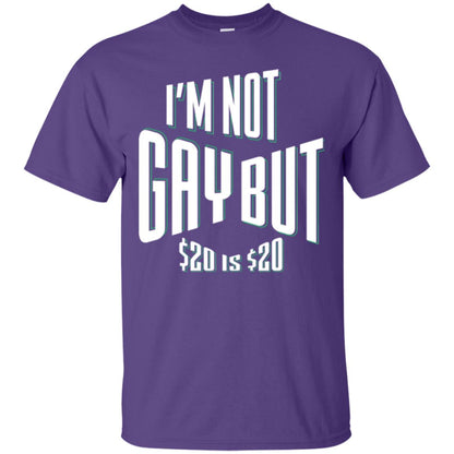 Funny Bi-curious Bachelor Humor Party T-shirt I'm Not Gay But $20 Is $20 Purple