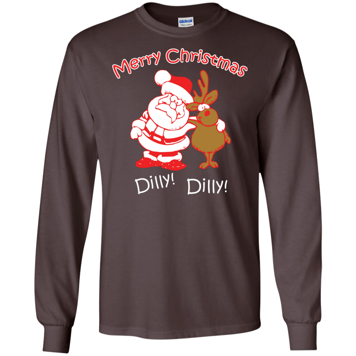 Christmas T-Shirt Merry Christmas Santa And Reindeer Dilly! Dilly! Dark Chocolate
