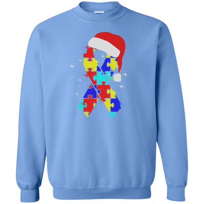 Autism Puzzle Ribbon Santa Hat X-mas Gift Shirt Carolina Blue