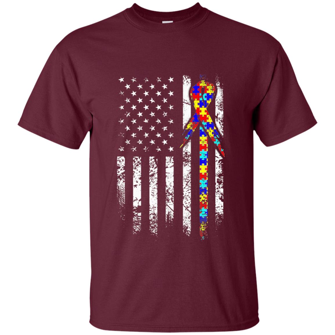 American Flag Distressed Autism Awareness T-shirt Maroon